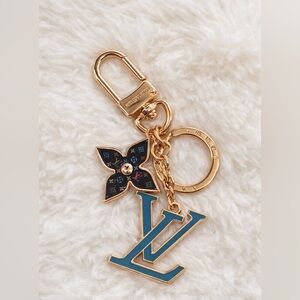 Gold-Tone Key Charm with Teal LV and Black Monogram Flower
